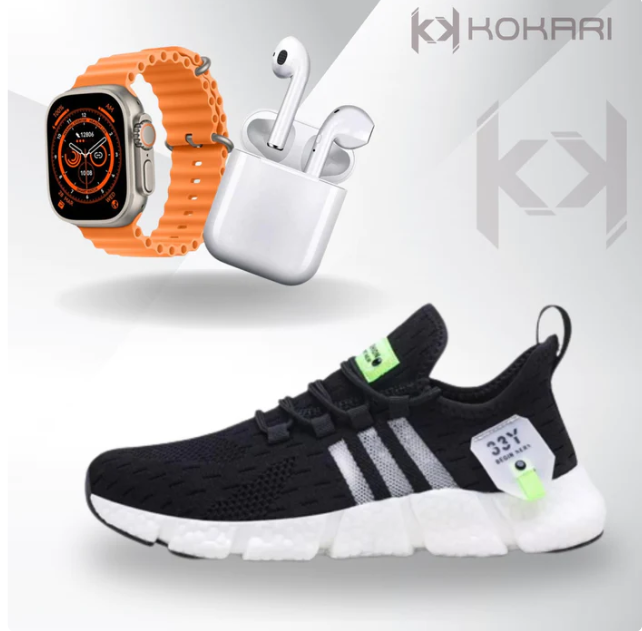 Promoção Tripla: Tênis Esportivo + Relógio Smartwatch + Fone Sem Fio