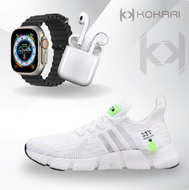 Promoção Tripla: Tênis Esportivo + Relógio Smartwatch + Fone Sem Fio